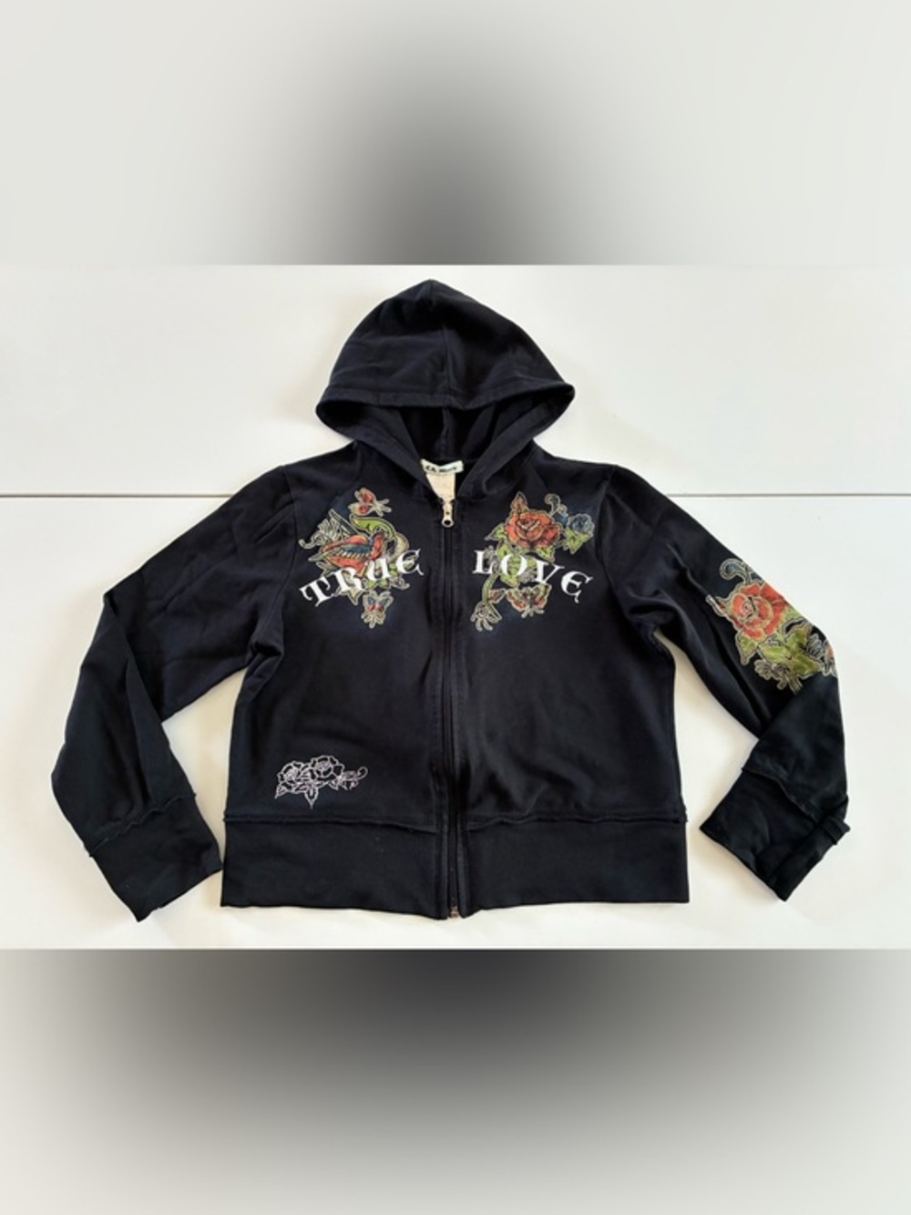 Y2K L.A. Movers M Faded BLK Thin Zip Up Tattoo Flash 'True Love' Hoodie Stretchy